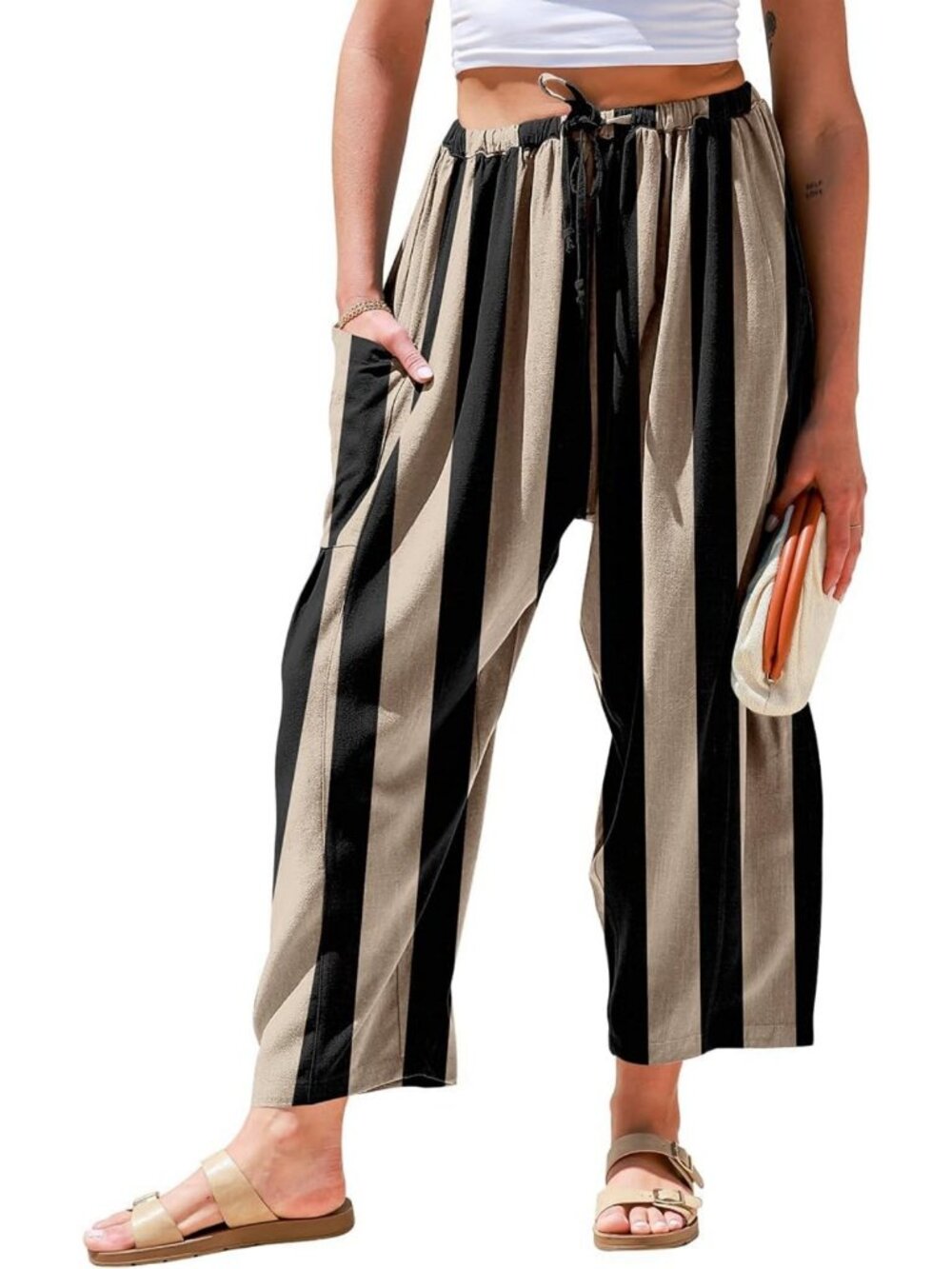 Chic Wide Leg Striped Linen Pants for Women | Comfy with Pockets, Summer Style